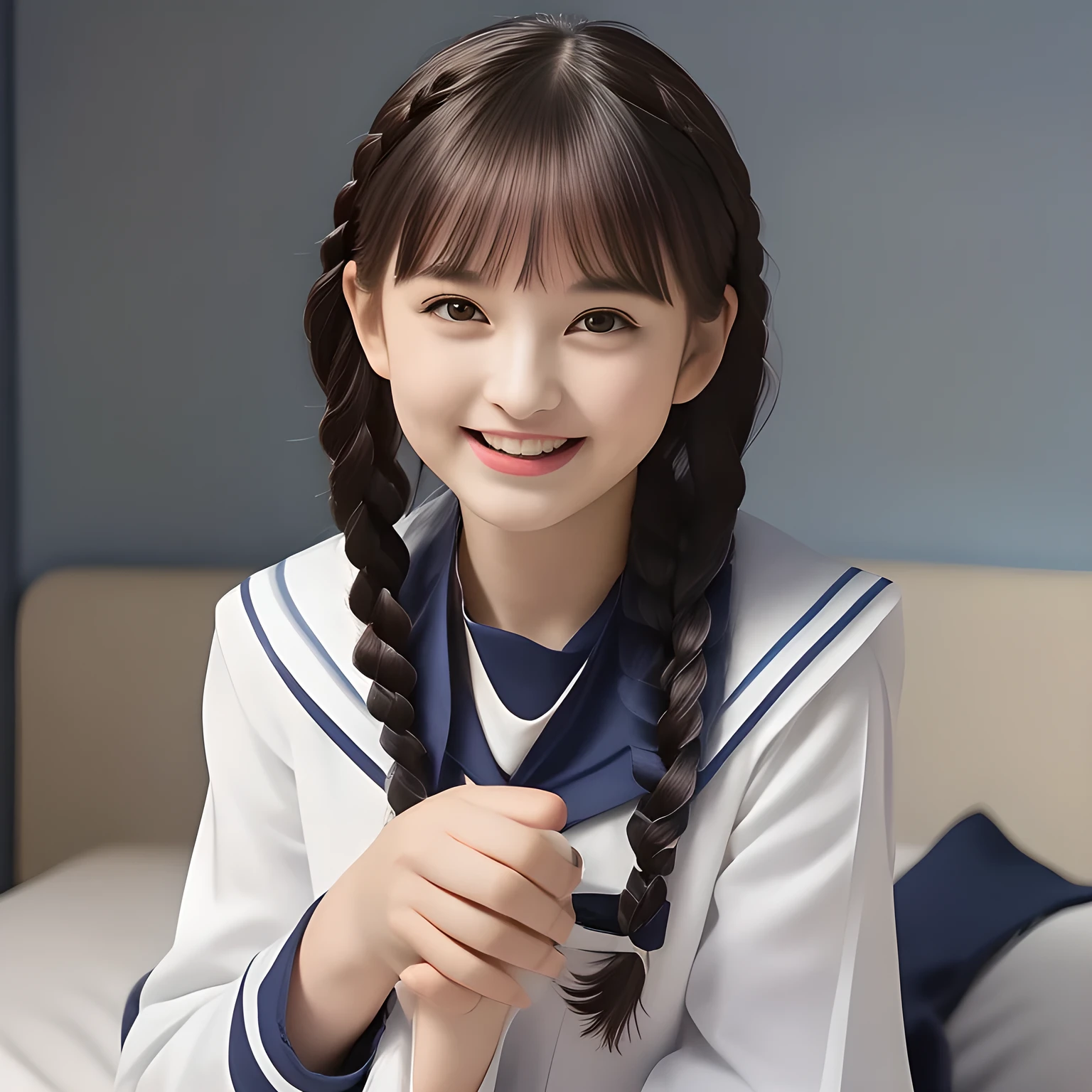 (highest quality, masterpiece, clearly detailed:1.5), highest quality, High resolution, 1080p, 8K, (Too beautiful, ((demure & meek)) ((beautiful girlish and Evolved with grace)), Famous magazine fashion model, ((Too much beloved)) noble grown beautiful beautiful girl with detailed, 165cm height, ((svelte silhouette)), Cloistered beauty, angelic mind, giving too much pleasure to my sensitive one covered with beautiful hands and fingers, (((creeping over me on a bed))) with detailed: 1.7), (laughing white face with unreal angelic beauty, overflowing with translucence: 1.8), (Pristine blue uniform, (Neatest (navy colored) sailor-style uniform, navy sailor collar, shiny-blue sailor scarf, with detailed): 1.8), (Too beautiful dreamy eyes and neatness charm the viewer), (Giggling cohort background with many white lovely marks, clearly detailed foreground, zinomy, with most beautifully detailed: 1.9), ((purity and neatness of pristine uniform is very impressing): 1.8), (focus on her twin-braids hair and neat style: 1.9), (Beautiful brown eyes), (shiny brown twin-braids styled hair, bangs trimmed carefully, neat tight braids: 1.8)