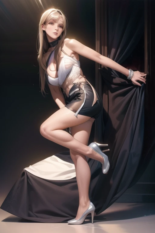 Beauty, super super super super real, realistic, sexy, stockings, seduction, short skirt, sitting position, transparent panties, pointed stiletto heels, full body shot, big breasts, long legs, white hair
