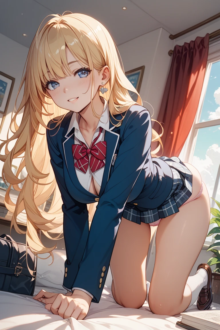 ((highest quality、High resolution、masterpiece))、Blonde、Cosplayer Beautiful Girl、Embarrassed face、((She lifts up her skirt and shows her panties))、I&#39;m tempting you、I'm inviting you to have sex