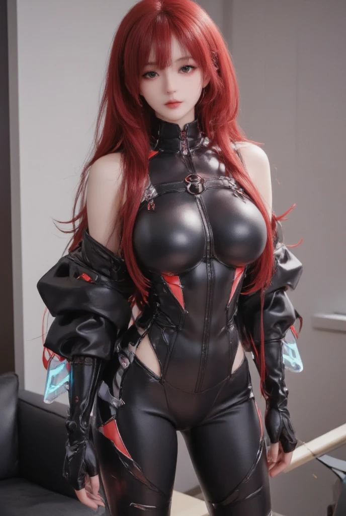 1 girl, (full body), star eye, blush, perfect lighting, Red hair, Red eyes, unreal engine, side lighting, detailed face, bang, bright skin, simple background, dark background, sexy, expression