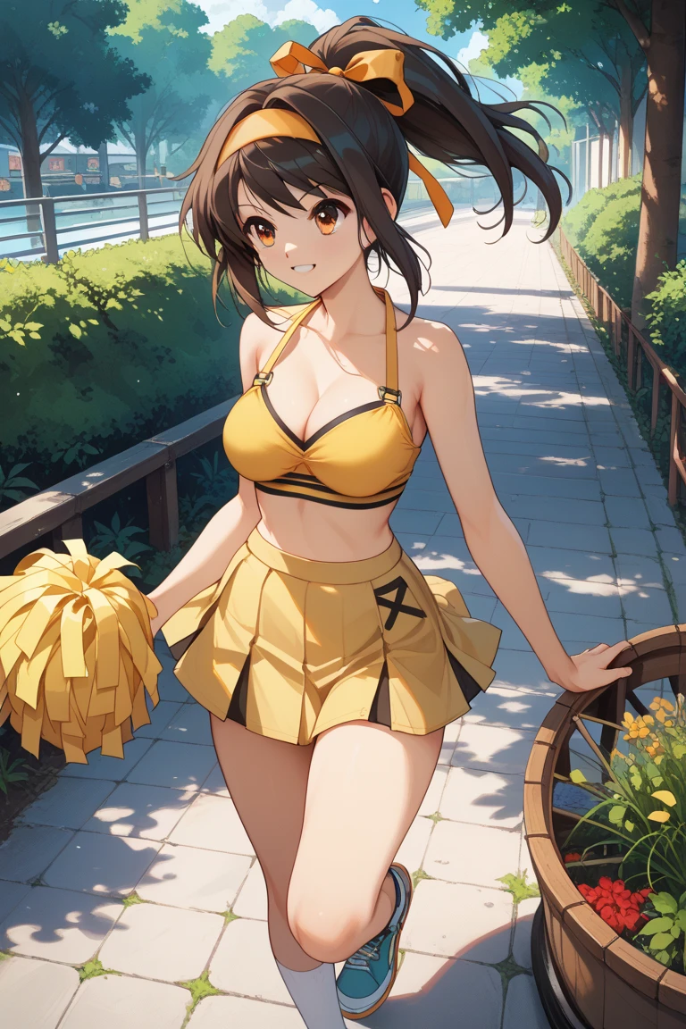Cute girl, brown hair, pigtails, yellow eyes, wide smile, yellow dress, big breasts, short skirt, slightly tight yellow dress, exposed breasts, earth and green grass in the background