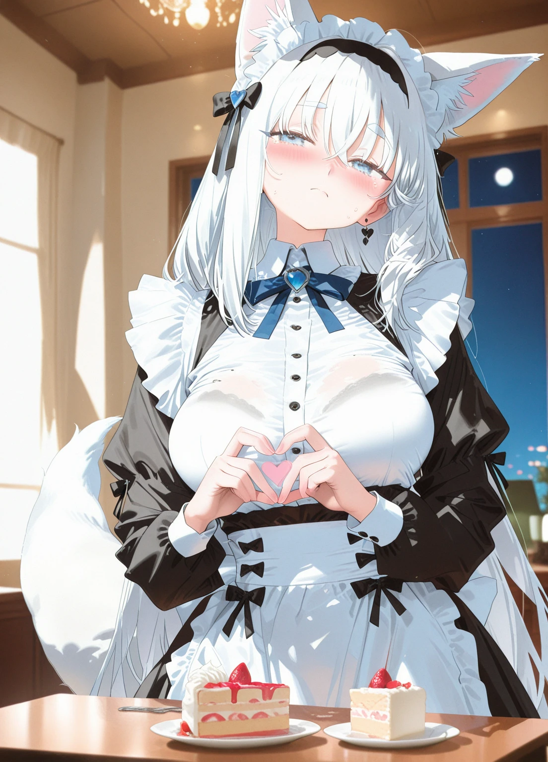 1 22-year-old girl,White short hair, Red eyes, shirt, Fluffy collar, White fluffy skirt, White ribbon on hair, Lots of hair accessories, Lolita,(Pregnant,Huge breasts:1.8),Room