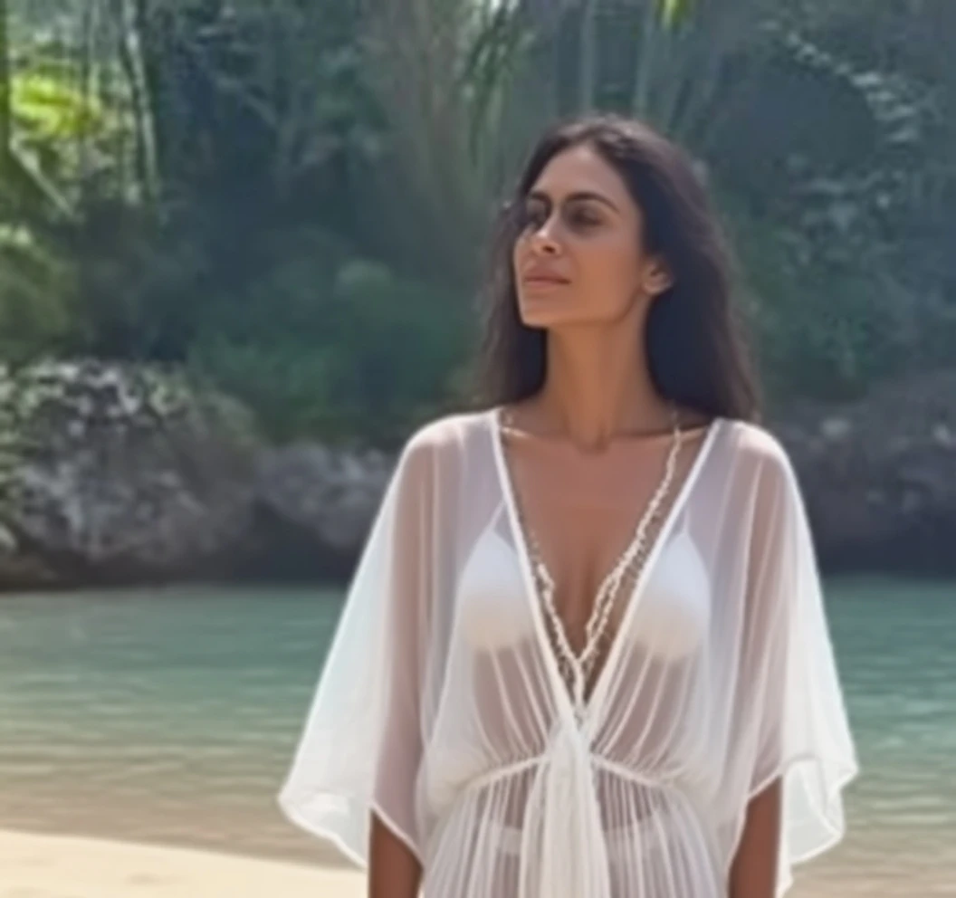 araffe woman in a bikini and skirt walking on a beach, with beautiful exotic, beautiful mexican woman, wearing two - piece swimsuit, lorena avarez, at a tropical beach, hot summertime hippie, violet myers, fernanda suarez, hippie girl, posing on a beach with the ocean, marischa becker, gorgeous lady, nature goddess, jaw-dropping beauty