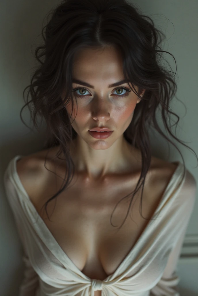 A once vibrant young woman now aging, now a prisoner of an evil scientist, her long, curly hair turning gray. Wearing lingerie, she symbolizes the toll of captivity and aging. This evocative image, perhaps a painting, captures her despair and vulnerability. Every detail is meticulously portrayed: the fading strands of hair, the weary expression, and the subtle hint of defiance in her eyes. The contrast between her youthful attire and the reality of her situation creates a poignant and striking visual narrative that resonates with viewers.