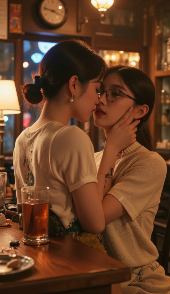 Staring at each other and kissing. Dressed in a 1950s-style dress, 1girl wears a full skirt and petticoat and has hair styled with classic pincurls. She should be sitting in an old-fashioned diner surrounded by vintage details like jukeboxes, chrome accents, and neon signs. Her eyes should be shining with excitement and her skin should be perfect, glowing under soft, dramatic lighting. This scene should be captured on 35mm film, with a beautiful depth of field and a slightly blurry nostalgic background.
film