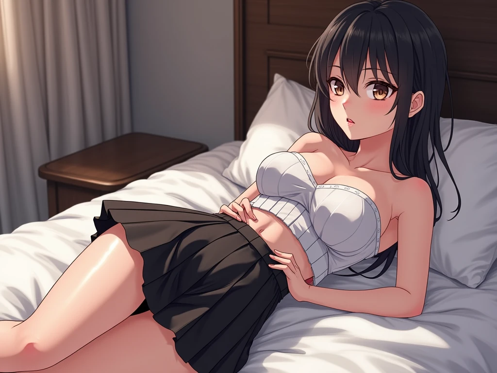 shinkai makoto, kimi no na wa., 1girl, bangs, bed sheet, black hair, blush, border, breasts, brown eyes, collarbone, collared shirt, cowboy shot, dress shirt, framed, groin, looking at viewer, lying, medium breasts, navel, no bra, off shoulder, on back, open clothes, open shirt, panties, parted lips, partially unbuttoned, shirt, short sleeves, single bare shoulder, solo, tassel, traditional media, underwear, white panties, white shirt