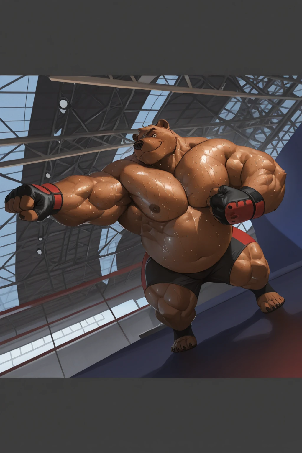 Solo, 1boy, huge muscular kodiak brown bear in big gym fitness center, big smirking, kodiak bear, huge brown fur, thick arms, huge arms, big fists, veins all over arms and chests, bald, big brown mustache and beard, (muscular, pectoral, wide pectoral, thick arms), HEIGHT: 220CM, WEIGHT: 370KG, gym sets, workout equipments, ring, punching bag, 8k, masterpiece, added cinnamon colored eyebrows, deatiled eyes with red pupils, (wearing black mixed martial arts shorts with red slits, black mixed martial art fingerless gloves with red pads, black toeless footwear tapes, shirtless and topless), punching and kicking techniques,