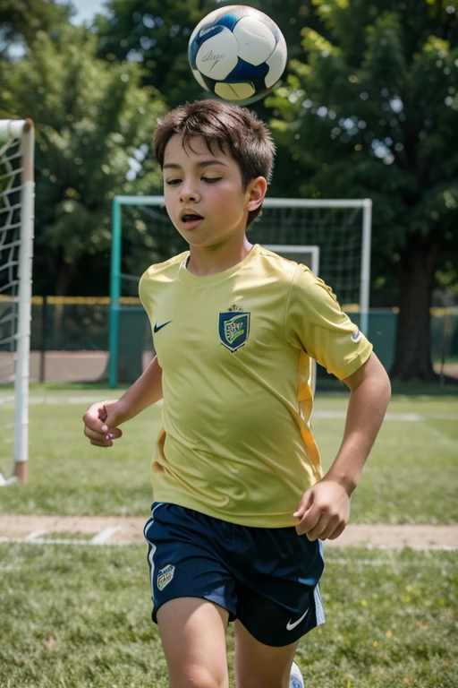Menino branco, jogando futebol , com camisa verde, medium straight brown hair