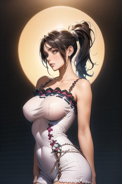 Lara Croft in elegant dress in tricolor blue white red
