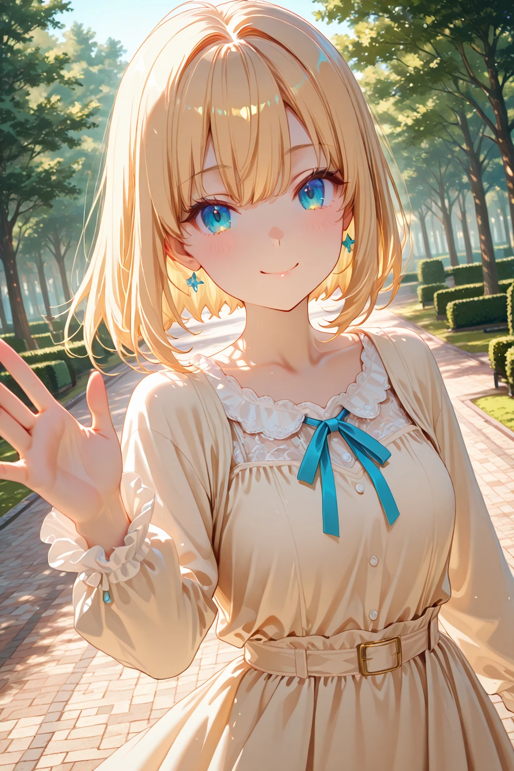 Placing hand on chest、Biologically correct five fingers、shooting from above、face waiting for kiss、slender, slim, small breasts、Upper body is shown、Upper Body, Realistic, real person, (pale skin: 1.2), RAW photo, photorealistic, portrait photography, shiny skin, japanese idol、shiny hair、japanese, (25 year old woman with blonde bangs) and (green eyes:1.3) and (very short hair:1.5), (white) and (Blouses with ruffles), (blush:1.3), Alone、The background is a park