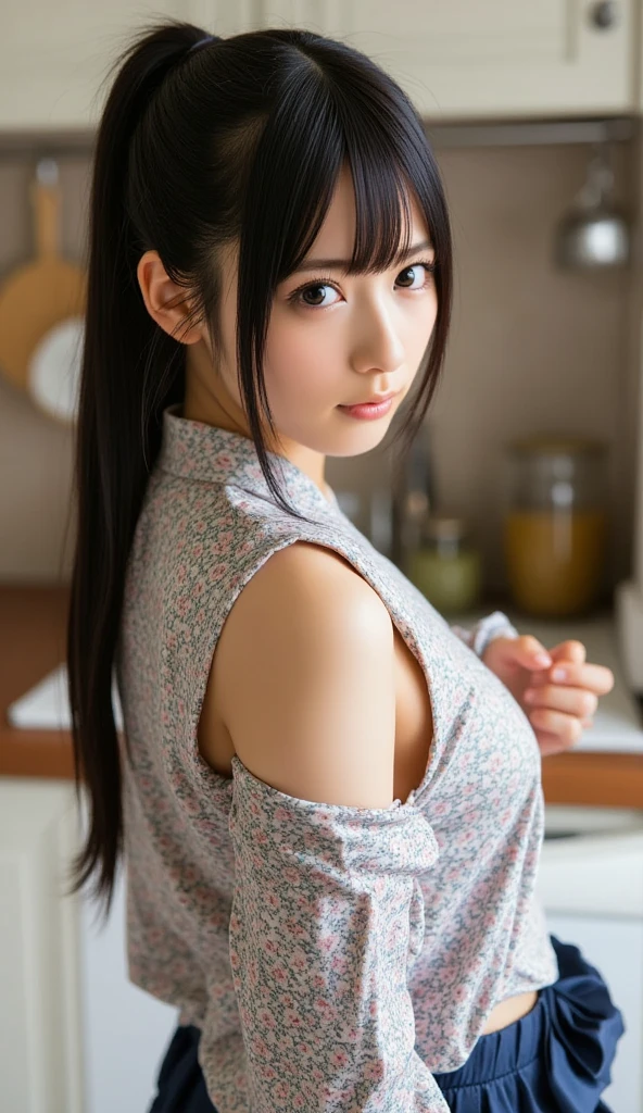Very young Japanese,Grey short sleeve ribbed knit,big breasts,Black Hair,Long Hair,Soft lips,Fine skin,(Glowing Skin),(masterpiece:1.4),(Highest quality:1.4),white background,medium close-up shot,from behind,looking away