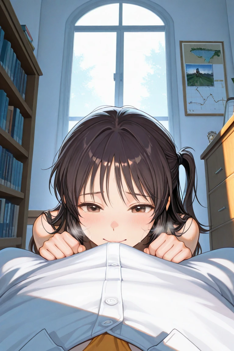 (masterpiece), short hair, brown hair, golden eyes, smile, pajamas, ahoge, open mouth, barefoot, pillow, black hair, on stomach, short hair, bed, lying, book, onesie