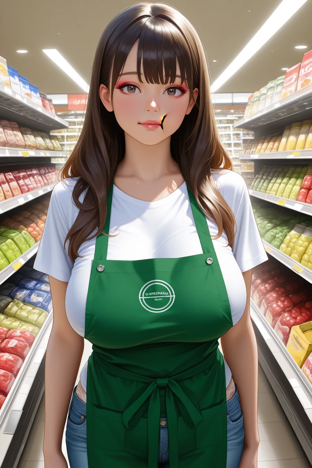 Woman, 20 years old, Brown Hair, (Green Eyes:1.2), Large Breasts, Cat Ears, (Cat Tail), Cat Collar, Green Skirt, (White Collared Shirt), Plunging Neckline, in Grocery Store, (two hand Selfie)
