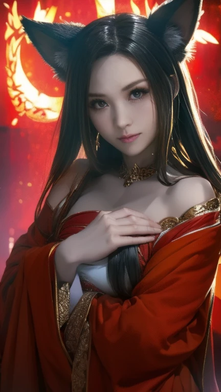Beautiful black-haired girl with brown eyes and long hair in elegant red dress in a castle with water element light orb, beautiful and detailed hands photo shoot