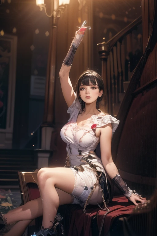 Masterpiece, anime, realistic pure lust seduction super detailed illustration, 8k portrait rendering, 8k, high quality, high detail art, making a girl mature extreme seduction. ,(side view), facing the viewer, bloom effect, ultra-detailed face, lying on the side or charming standing position, smiling, closing up. Perfect legs and feet. Middle chest, delicate eyes, delicate nose, rain, (short hair: 1.5), fluttering NovaFrogStyle, silver hair, messy hair, strabismus, thin eyebrows, mature face, chubby body, (collar shirt, lace, transparent shirt, white silk calf stockings), dark studio, edge lighting, best details. (It's raining outside, wet skin, wet shirt, wet hair), long legs, [[black lace style lingerie]]], (hair over one eye), (messy fabric, messy skirt, messy lingerie, raised shirt), beauty and aesthetics, dreamy, dark and blurry landscpae valley, detailed background, night sky, happy, soft shadows, warm lighting, flower, contrast, light reflection against darkness, film, dramatic light,  wide dynamic range, 8k, HDR, low light: 1.2