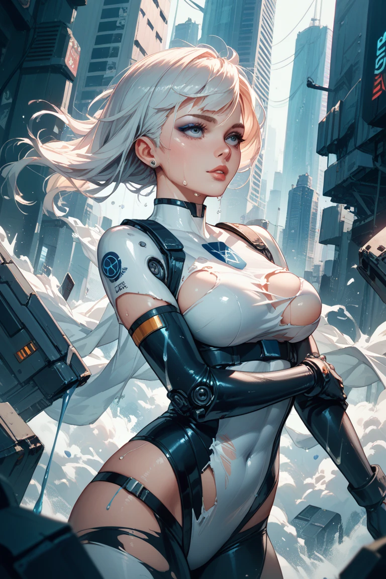 woman，A high resolution，Tear the clothes of the mech, , Chest exposed, Orgasmic eyes, There is white flesh on the body