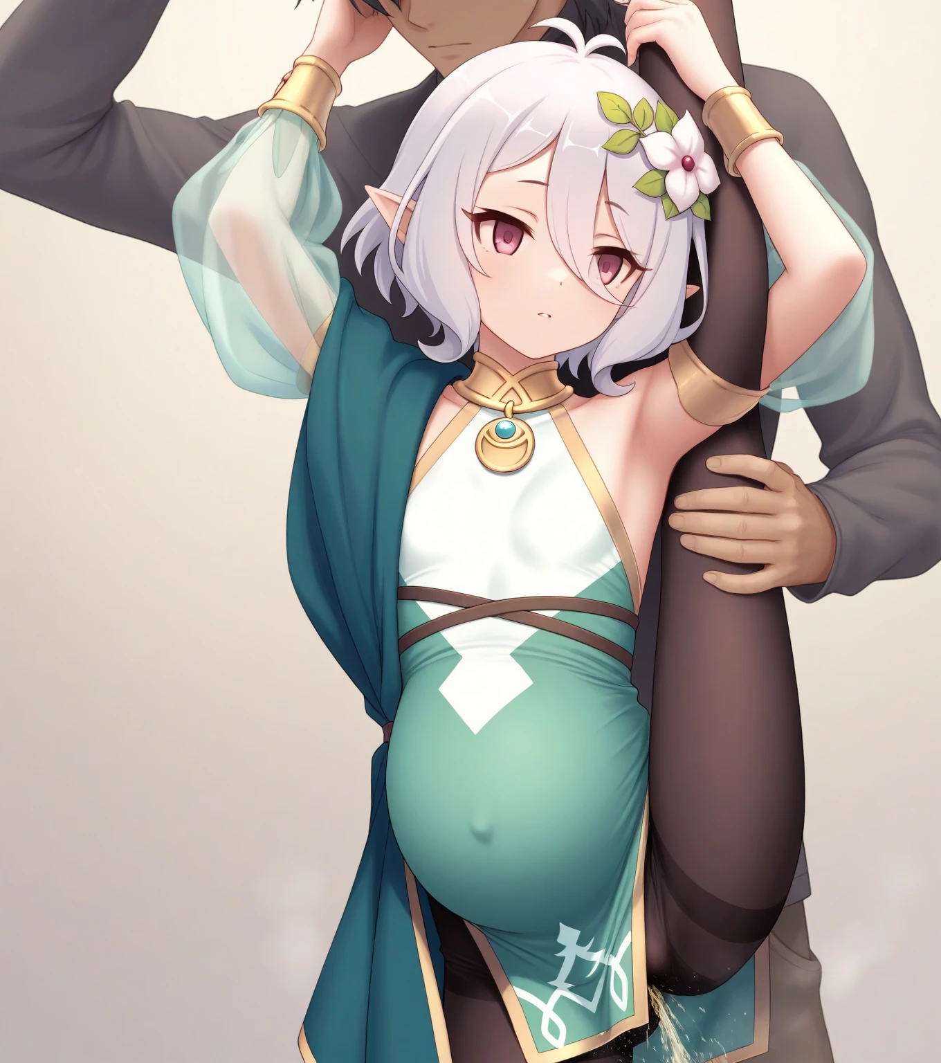 1 boy, dark green hair, best quality, masterpiece, extreme, yellow eyes, male focus, beautiful eyes, pregnant belly button, pregnancy, natural skin texture, 4k texture, HDR, intricate, very detailed, sharp focus, cinematic look, super detailed