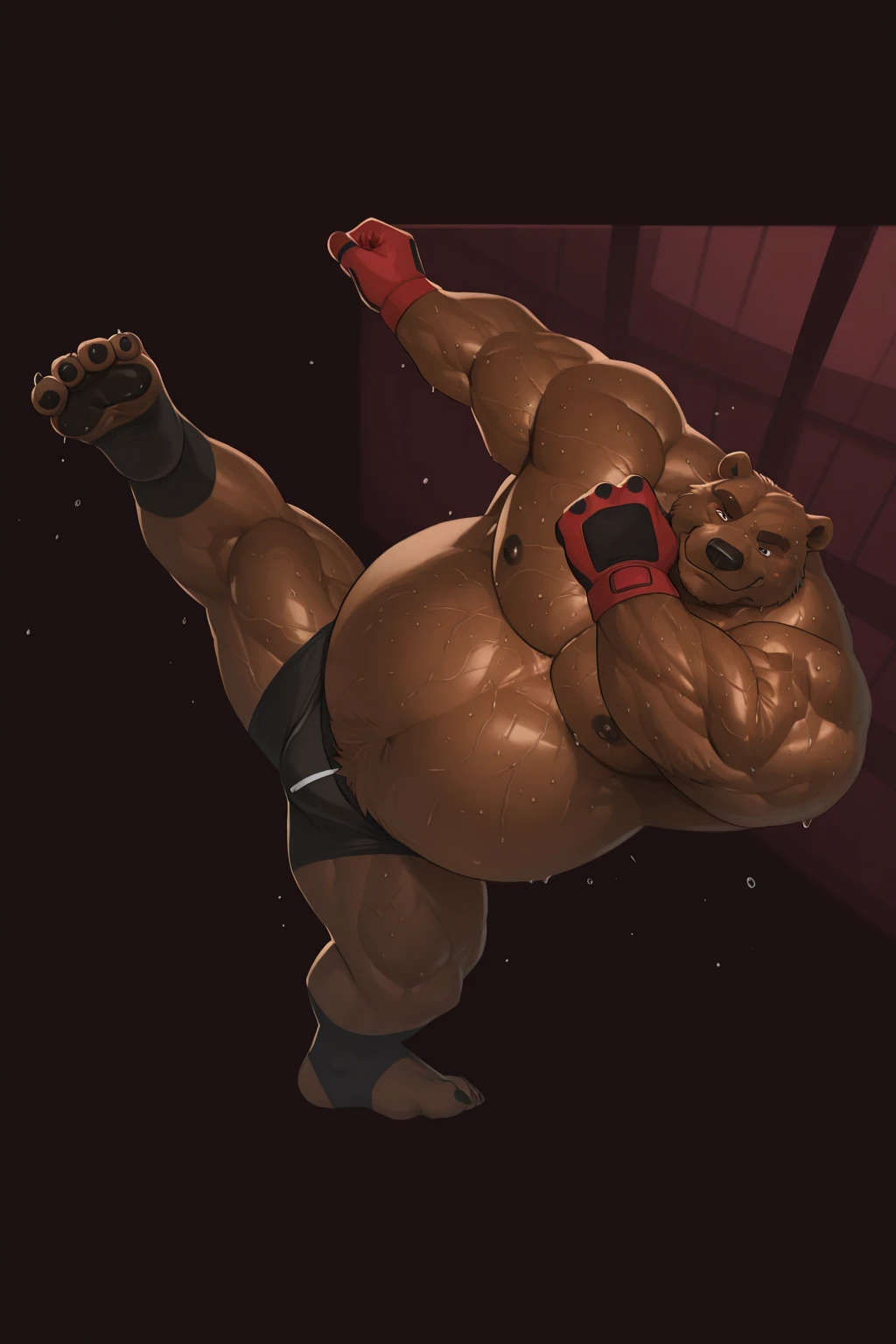 Huge muscular thick white fur Polar Bear bodybuilder shirtless in blue MMA shorts, blue MMA gloves and blue foot wea, training hard for the MMA tournament. Punching and kicking workout. Champion.