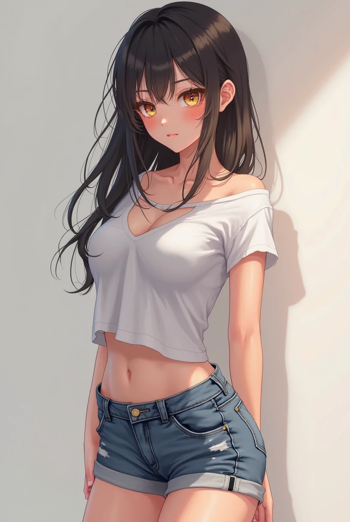 tan skinned anime woman wearing a cami top and jeans, famished in hunger, (necklace), (gently resting hands on stomach), (sweating), (long hair), (hands on stomach)
