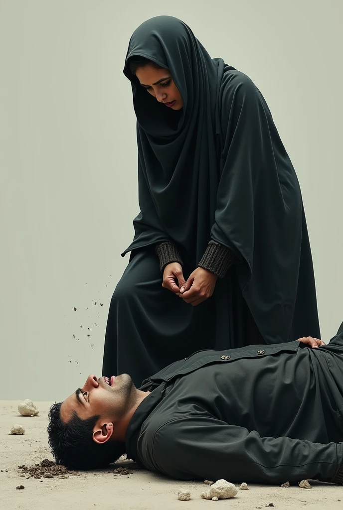 Black long coat and headscarf , white socks,  Sexy skinny woman touches man&#39;s sweatpants lying on the floor at home. 
