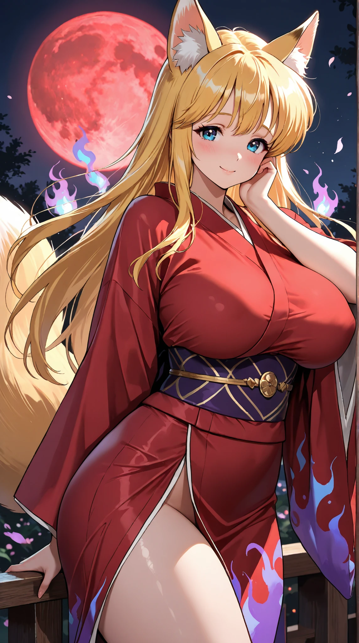 ((A Pretty nude shrine maiden with fox ears kneeling on the bed)), ((lifting up the red skirt and showing raw crotch)), wearing the white kimono, no panties, skirt lift, Baby face, ((top-quality, master piece, ultra-definition, high resolution)), anime girl, ((ultra-detailed illust:1.2)), 1 girl, bangs, hair between eye, blonde hair, beautiful hair, purple colored eyes, Shiny eyes, ((detailed eyes:1.2)), ((super gigantic breasts:1.3)), huge tits, Soft breasts, ((erected nipples)), ((cleavage of the pussy)), Big smile, enjoyed, laughing, opened mouth, in the traditional Japanese style room, at dusk, ((view from below))