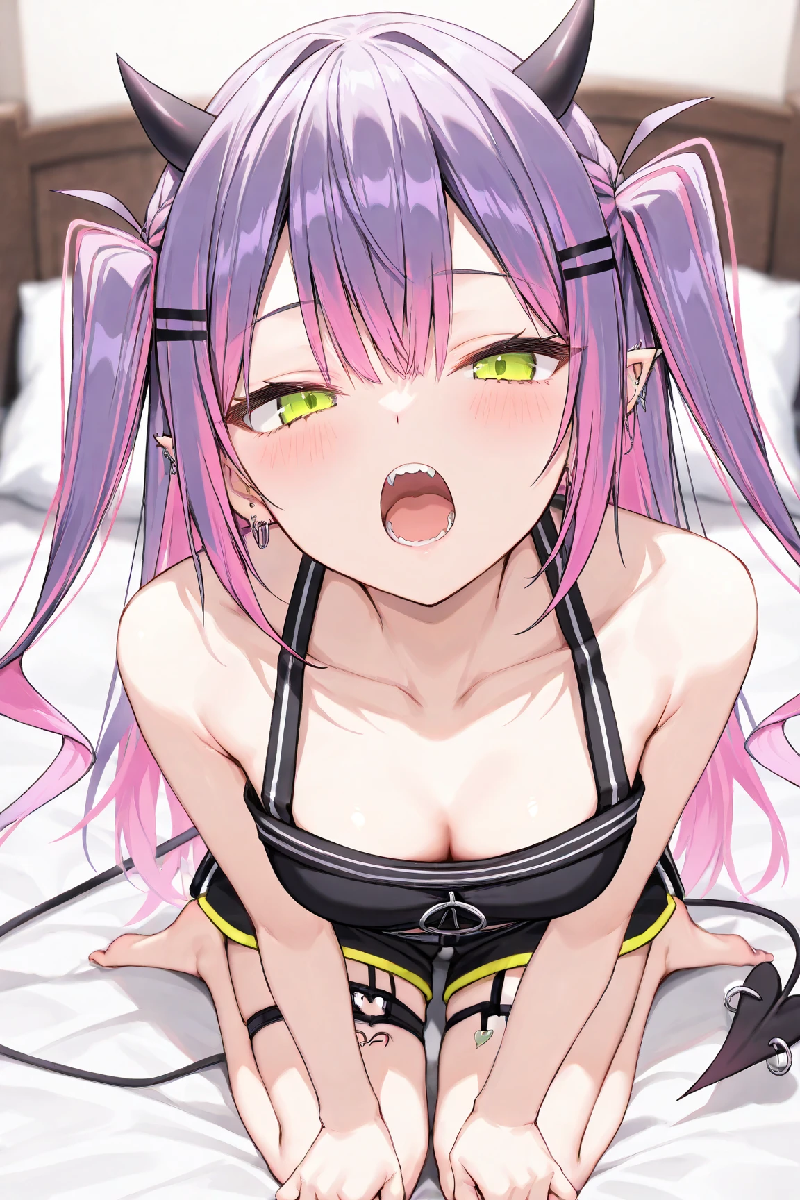 NSFW,Hololive,Towa Tokoyami,Long Hair,Twin tails,(Married Woman:1.5),(Perfect hands),(Perfect Anatomy),(masterpiece),(highest quality),(cropped:1.5),Off the shoulder,(Shorts:1.3),Love Hotel,One gray-haired old man,Embarrassed,blush,One man,(Doing sex:1.5),(orgasm:1.5),(Ecstasy face:1.5),Wide-eyed、Cross-eyed、Open your mouth、Sticking out tongue,Tattoo,(slave:1.5),(Happiness:1.2)