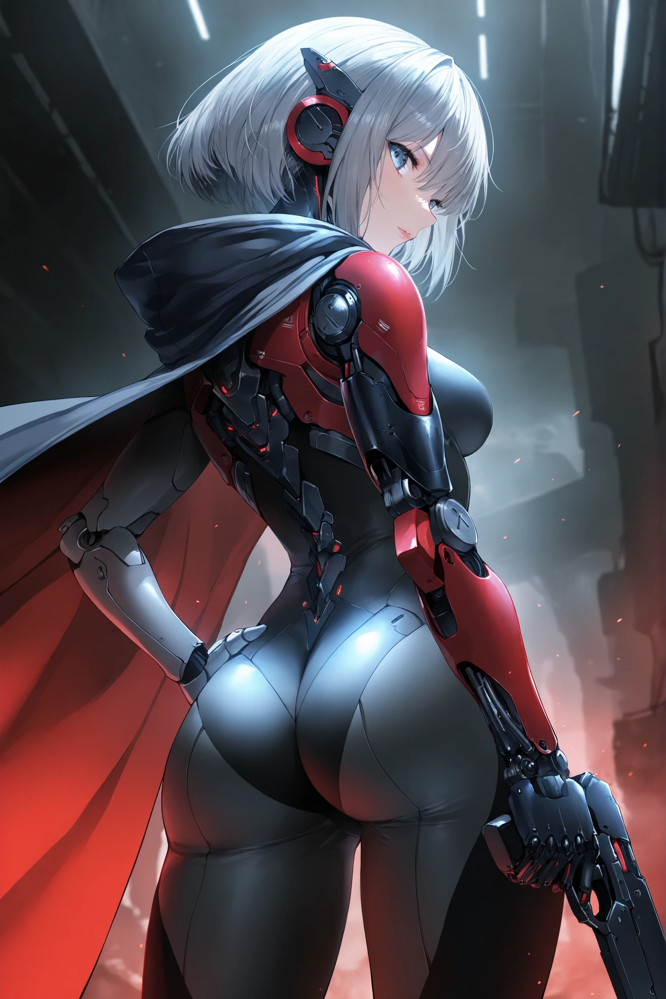 (((Photo from behind:1.6)))、((Shining lenses on both breasts:1.3))、((Pillars of red light radiate from both chests..:1.3))、((Dynamic pose:1.6))、((Holding the Red Sword:1.6))、((attack posture:1.8))、((8K)), ((32k)), ((Highest quality)), ((masterpiece)), ((Ultra-high resolution)), ((Tmasterpiece)), ((Hello:1.4))、((Mechaニカルheadgear:1.2))、((Cyber Headphones:1.3))Fine skin, High quality fabric, Fine metal texture、((Beautiful and dense face))、RAW Photos、Professional, Ultra-fine painting, ((alone)), Beautiful breasts、Highest quality, Very detailed, Very detailed詳細, Finer details, so beautiful, ((Black Knight Robot:1.2)), (Joint of the machine, Mechanical Limbs:1.3), (The internal structure of the machine is exposed:1.3), (Long black hair:1.1), (Beautiful and huge mechanical breasts)、White Veil, cowboy_shot, Side Focus, headgear, Shiny、(Five Fingers, Four fingers and thumb),Concept Art, Anime fantasy artwork, Detailed fantasy art, (Has light blue-purple hair and black wings,,,,,,), (((Long black hair))), (Mecha:1.6)、Sleek and intimidating design, (Jet black perfect robot body)、Jet black and reddish purple arms, Symmetrical wings, 8K 高品質詳細アート, 3D rendering of character art in 8K, neat legs, Defined, Defined fingers,((headshot:1.6))