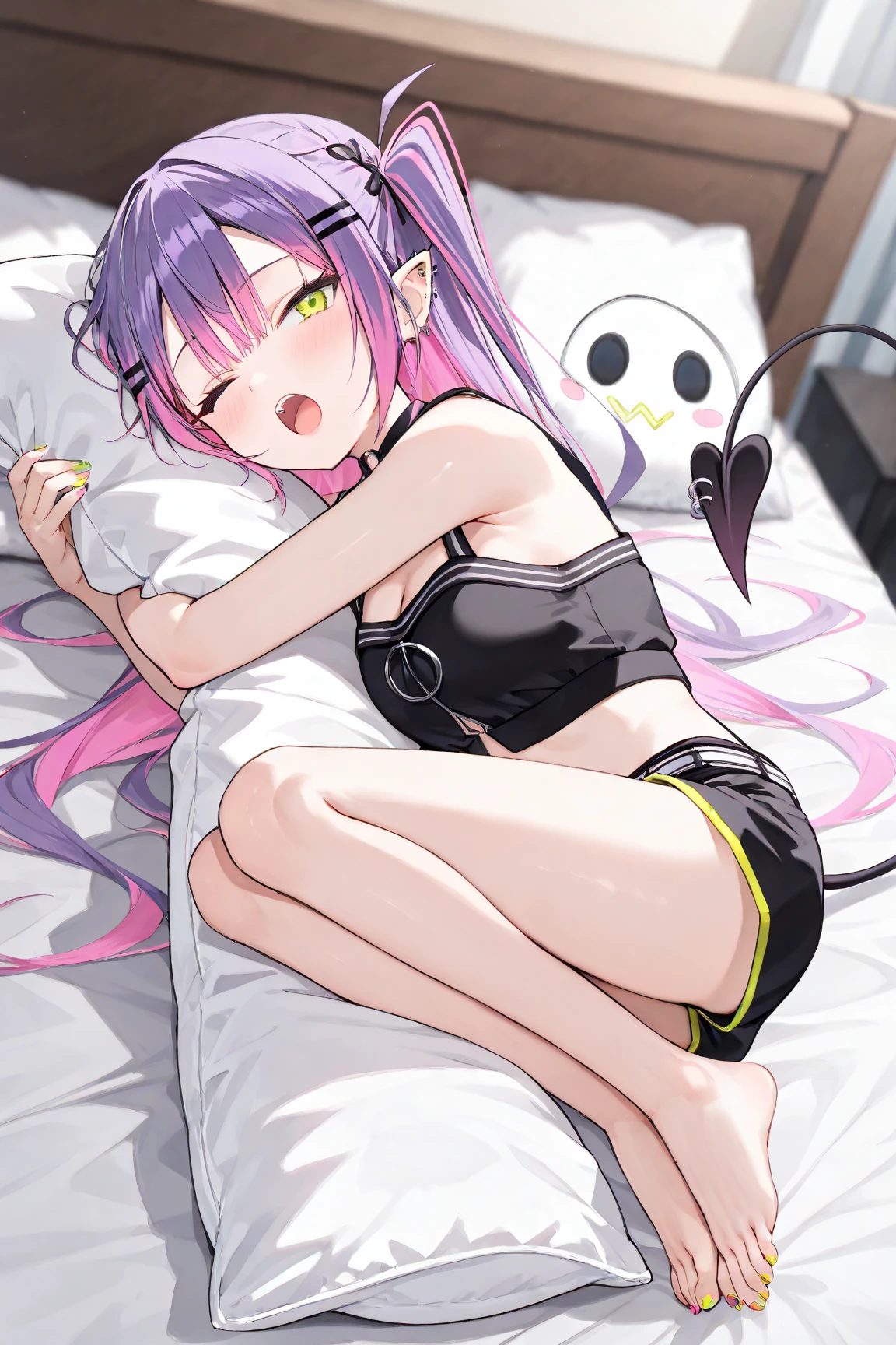 1girl, ass_visible_through_thighs, bandaged_arm, bandaged_hand, bandaged_leg, bandages, bandaid, bed, bed_sheet, black_bow, black_ribbon, blush, bow, breasts, closed_mouth, crop_top, demon_girl, demon_tail, demon_wings, frills, hair_ribbon, hands_up, heart, long_hair, long_sleeves, looking_at_viewer, lying, mini_wings, navel, on_back, panties, pillow, puffy_sleeves, purple_eyes, purple_hair, ribbon, shirt, side-tie_bikini, side-tie_panties, sleeves_past_wrists, solo, stomach, string_panties, thigh_strap, twintails, two_side_up, underwear, very_long_hair, white_panties, white_ribbon, wings <lora:style_rurudo:1>
