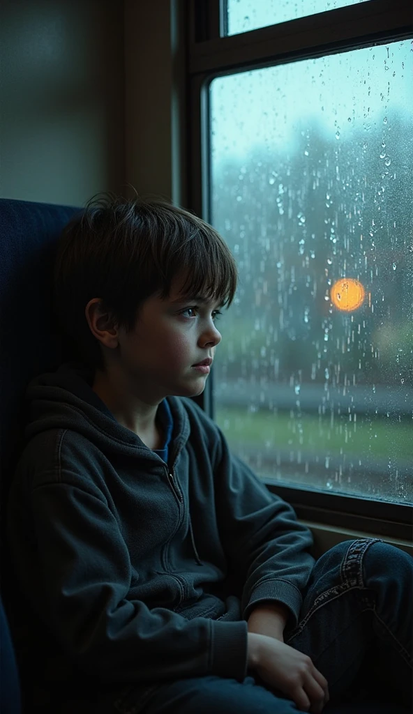 Boy very sad sitting in atrain window
