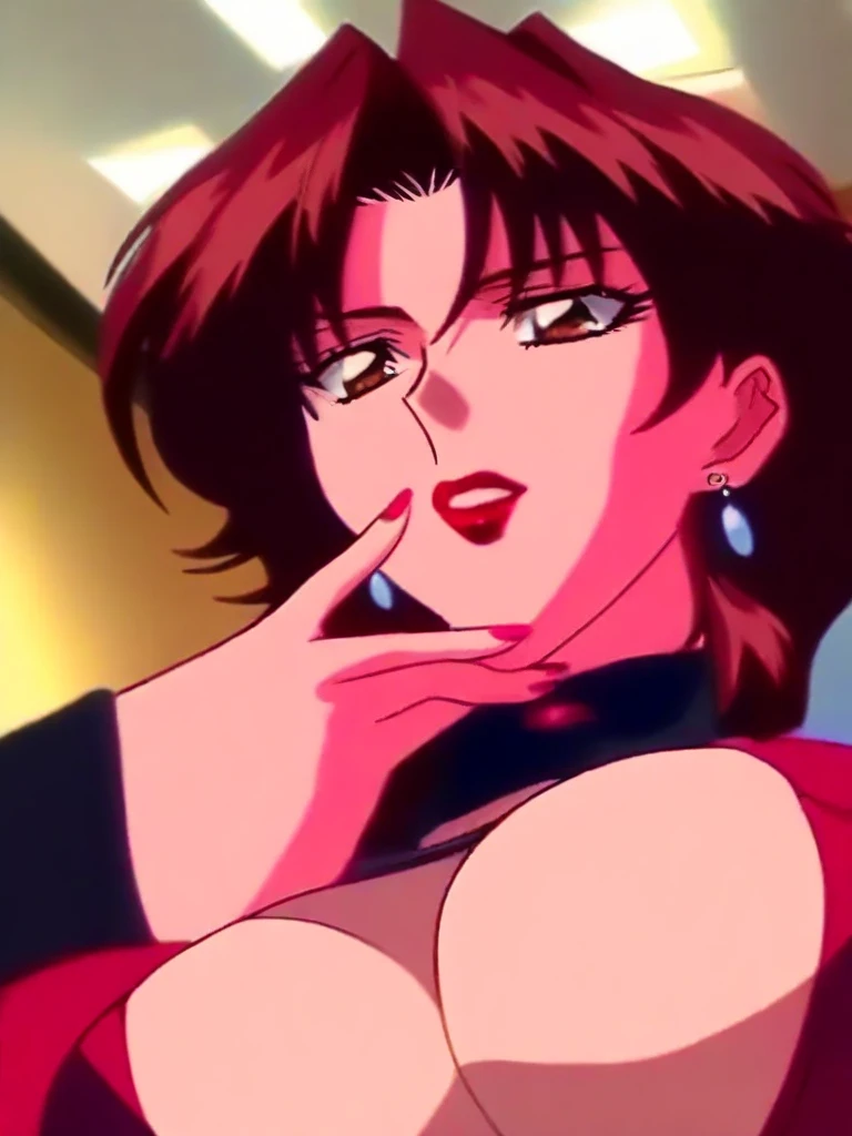 retro anime, scanlines, 1990, solo, 1girl, chromatic aberration, looking at viewer, sitting
