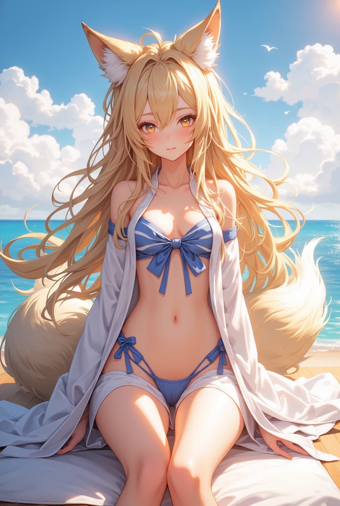 blonde  hair、red eyes、One pretty girl、独奏、animesque、A sexy、a white bikini、gravure、sand beach