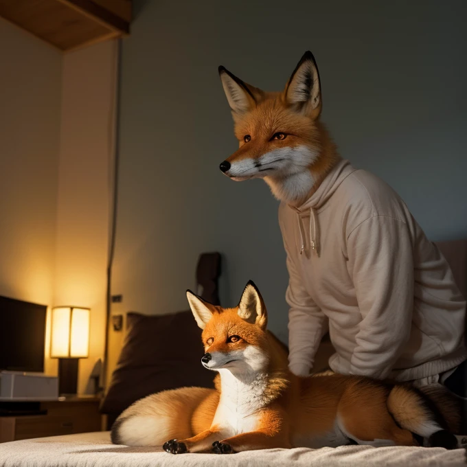 A 22 year old American muscular adult male Fox fursuit alone taking a selfie holding his smartphone and smiling at the camera green eyes and red fur wearing a red jacket a green t-shirt and long pants together with his best friend (duo:1.1) kissing eachother, kissing, bedroom setting, undressing, taking clothes off, sheath, canine penis poking out of sheath,