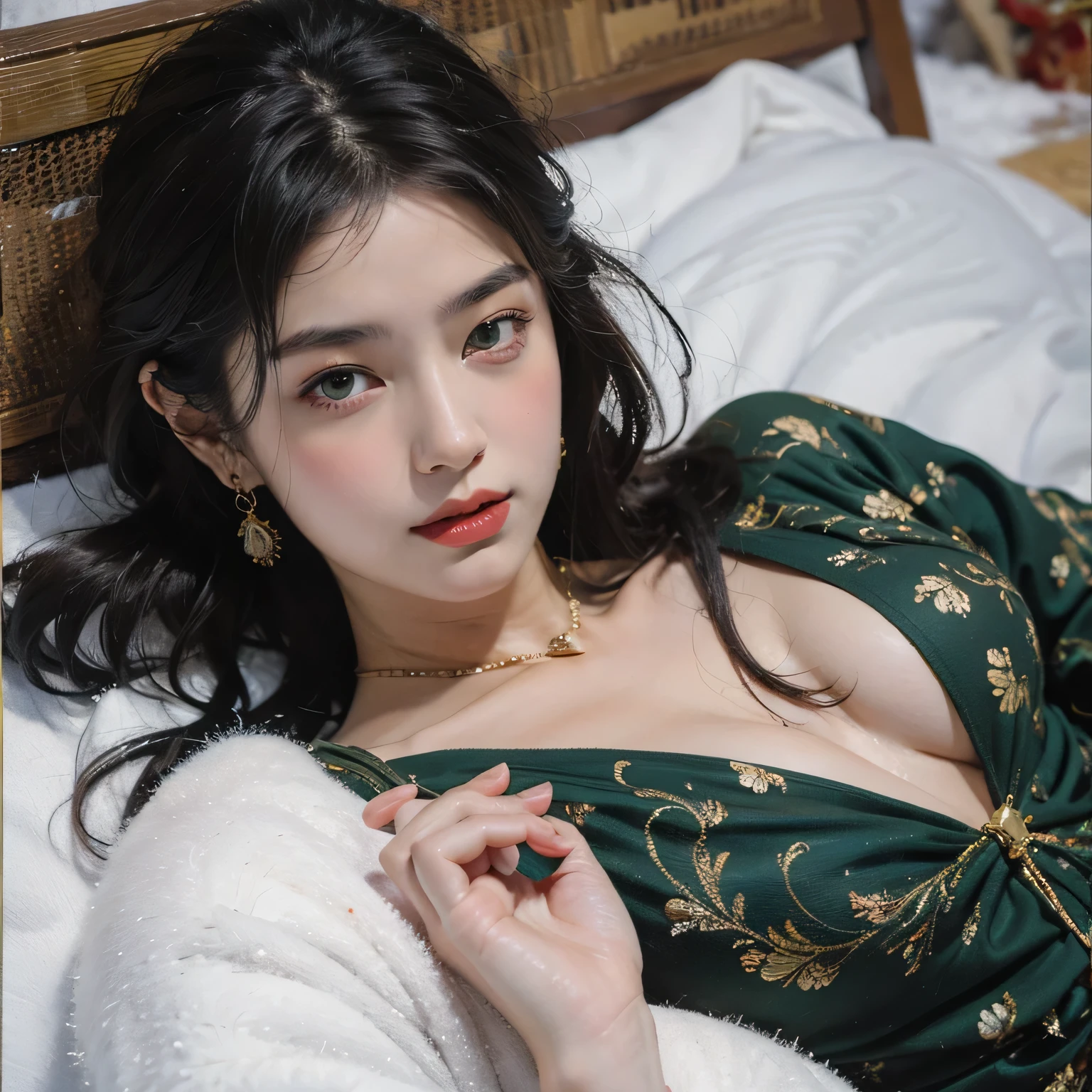 (photo realistic1.2),ultra detailed,(8K),(1girl),(Fantasy:1.5),(Vampire Castle),(bed),(vampire costume:1.5),(fang:1.2),(Vampiric items:1.2)topless,(small nipples),(big breasts: 1.2),nude gravure,beautiful Japanese, clothes in disarray,dangling earrings,skirt,(from above),looking at viewer,(lying down pose),(embarrassed),bust shot,(green hair),(medium hair),24years old,red eyes