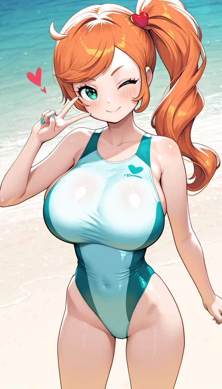 (masterpiece), best quality, expressive eyes, perfect face,1girl,EPpkSonia,orange hair, side ponytail, aqua eyes, long hair, eyewear on head, sunglasses, heart hair ornament,beach cafe,soft shadows,mind control,hypnosis app,heart-shaped pupils,blush,big breasts,cleavage,smile,green string bikini
