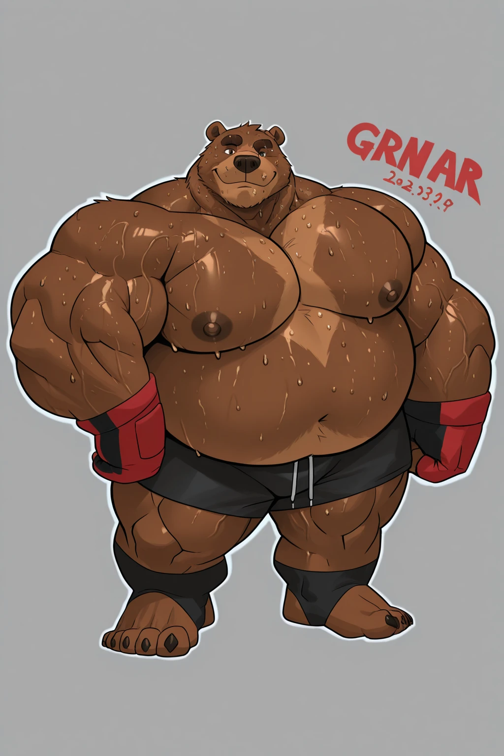 One person、((Male hyena wearing a dirty baby diaper)))、(middle aged)、Stubble、Grey body、long bangs hide the eyes、Furry、masterpiece、Highest quality、Sucking on a pacifier、bib、Embarrassed face、steam、Holding a stuffed toy、Dirty diaper、Wearing a tattered hero's costume