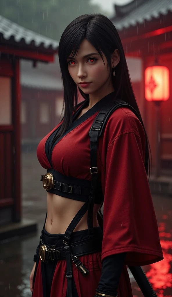 Make an anime character with the style of Nanatsu no tazai, straight black hair reaching to the waist, with red eyes but one of them black and purple with a demonic mark on his cheek, with a bamboo in your mouth, in a dark red kimono with dark red gloves with dark brown pants with brown boots, Caucasian skin, with dark powers shrouded standing out and the dark scenery