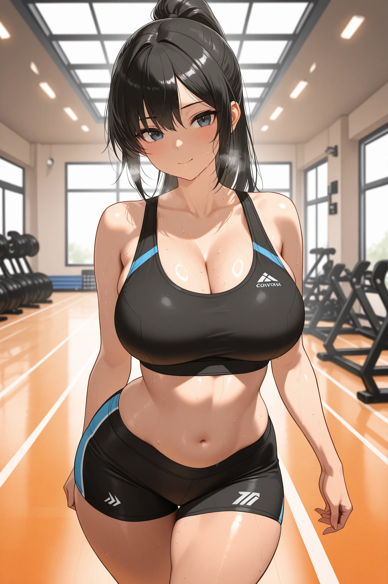 Cutesexyrobutts style, 1girl, breasts, solo, navel, yoga_pants, mole_on_breast, cleavage, mole, large_breasts, sports_bra, pants, looking_at_viewer, sweat, long_hair, bangs, ass_visible_through_thighs, black_pants, blush, shirt_lift, clothes_lift, bra, bare_shoulders, closed_mouth, underwear, cowboy_shot, blurry_background, stomach, blue_bra, light_brown_hair, thigh_gap, brown_hair, sportswear, blurry, white_sports_bra, purple_eyes, mole_under_eye, indoors, standing, gym, hair_between_eyes, tank_top, tight_pants