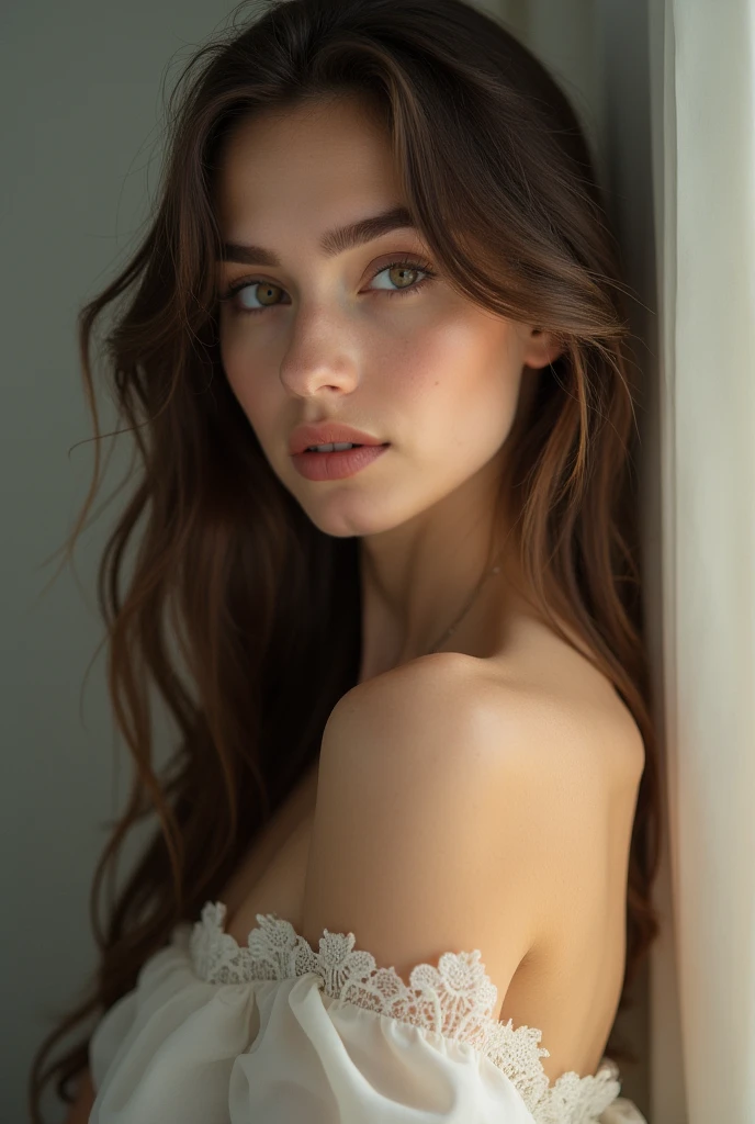 RAW, analog style, A stunning portrait of a young, beautiful woman with striking features. She should have long, flowing hair, a captivating gaze, and an alluring expression. The background should be neutral and simple, allowing the woman to be the image's focal point. Please pay close attention to the details, such as the highlights and shadows on her face and hair, to create a lifelike and realistic image. Experiment with different lighting techniques to enhance the mood and atmosphere of the portrait. The final product should be a masterpiece that captures the essence and beauty of the woman, ((highly detailed skin, skin details)), sharp focus, volumetric fog, 8k UHD, DSLR, high quality, film grain, Fujifilm XT3