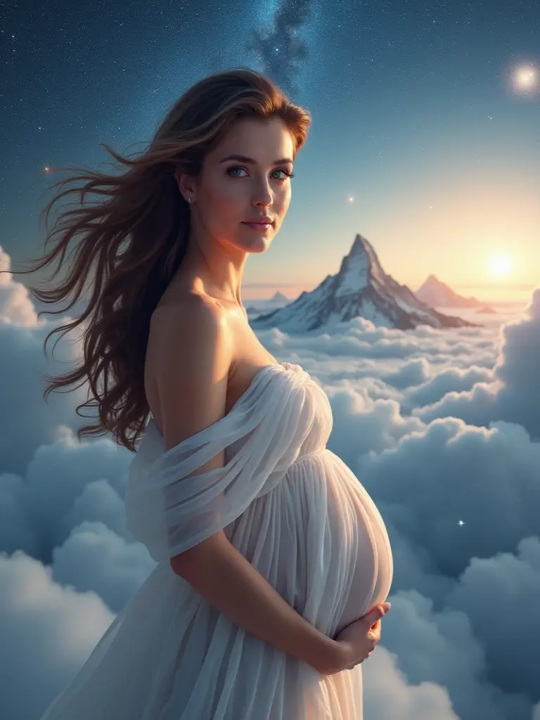 (Masterpiece), Perfect, side view of a brown hair pregnant nude woman in white transparent dress, look at viewer, beautiful face, the iris of her eyes are equally proportional in size and equally illuminated by light, she have elegant hairstyle, normal legs, sharpness in the photo, focus on the face and eyes of this woman, she standing among thick white clouds and mountain peaks visible from the clouds panorama, space galaxy night in sky and background