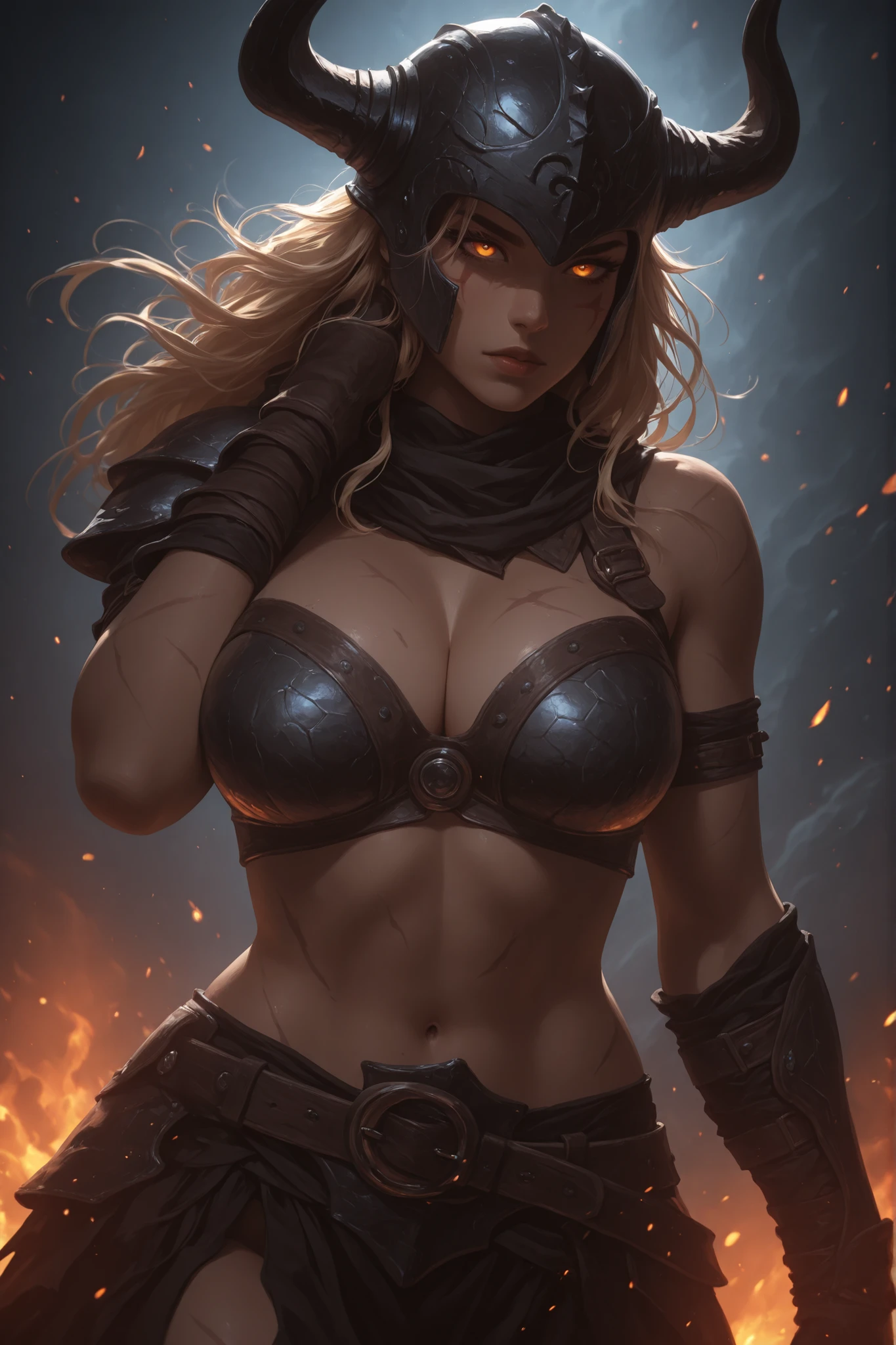 (a woman with a sword in an attack position), uma mulher loira ((corpo inteiro) : 1.5), ((Woman in position of the attack):1.5), segurando uma espada, por kentaru miura, manga estilo kentaru miura, realista, luz dinamica, bem detalhado