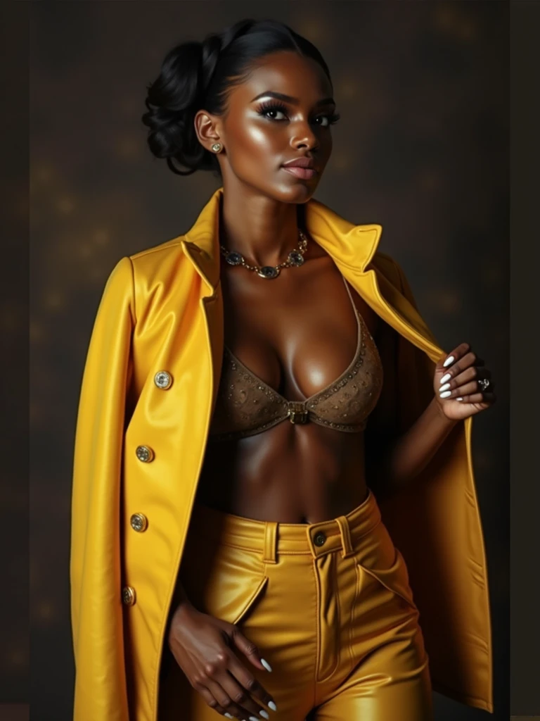 beautiful black woman, golden suit jacket, cleavage, album cover