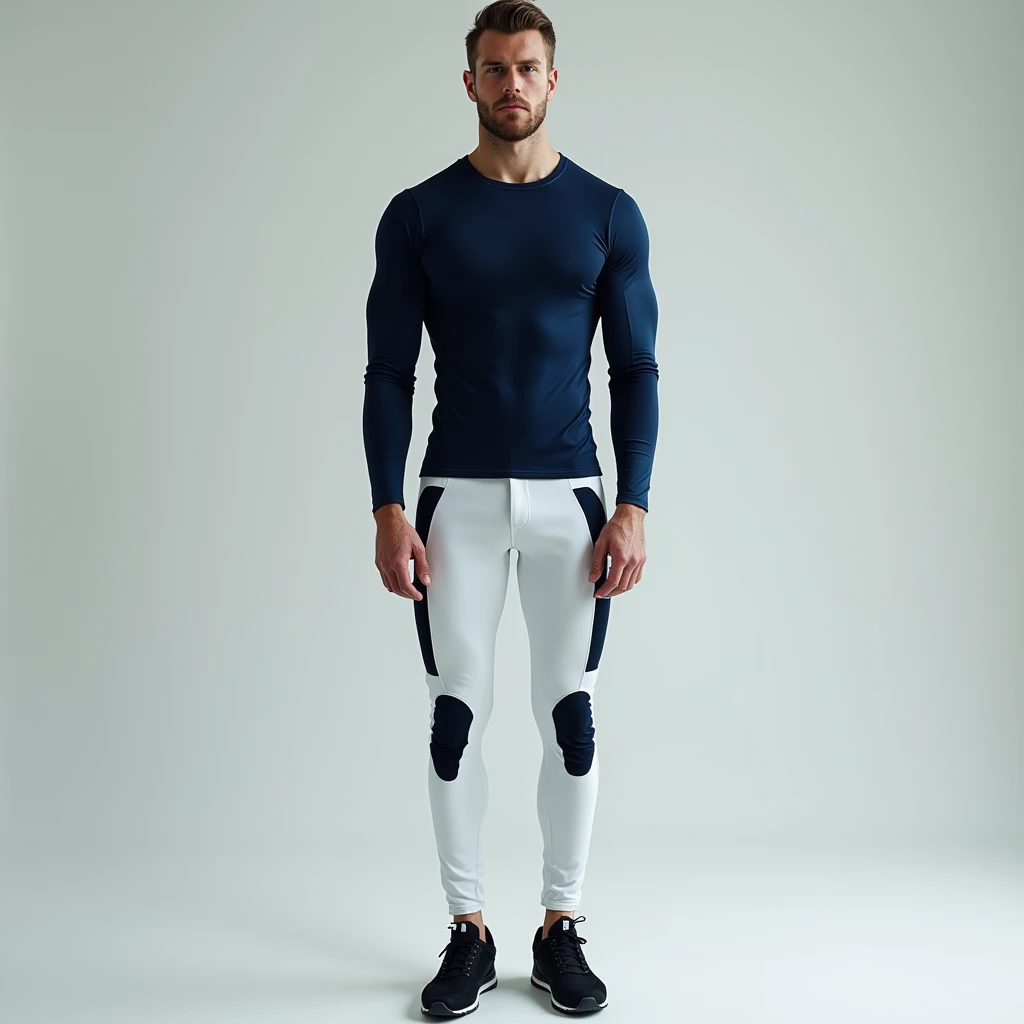 Best image quality, Ultra-high resolution, photograph,1 male,Muscular,Long legs,Black long sleeve high neck compression shirt,Black long tights,White socks that come down to mid-calf,Blue Singlet,White sneakers,Double Vice Eps