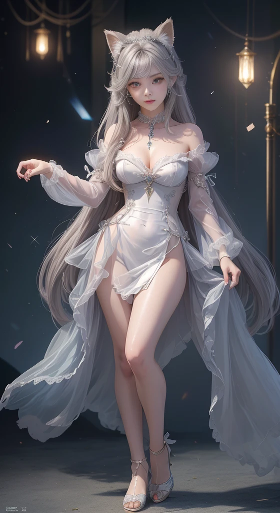 tmasterpiece,Highest image quality,Beautiful full body portrait of noble elf girl,Delicate silver hairstyle,clear sky blue eyes,Various well-made jewelry gauze skirts,heeled sandals,snowy desert,Moonlight super detailed,advanced。At the Pixiv Art Station,Break your own power,Luigi,Big breasts exposing cleavage,R-18G
