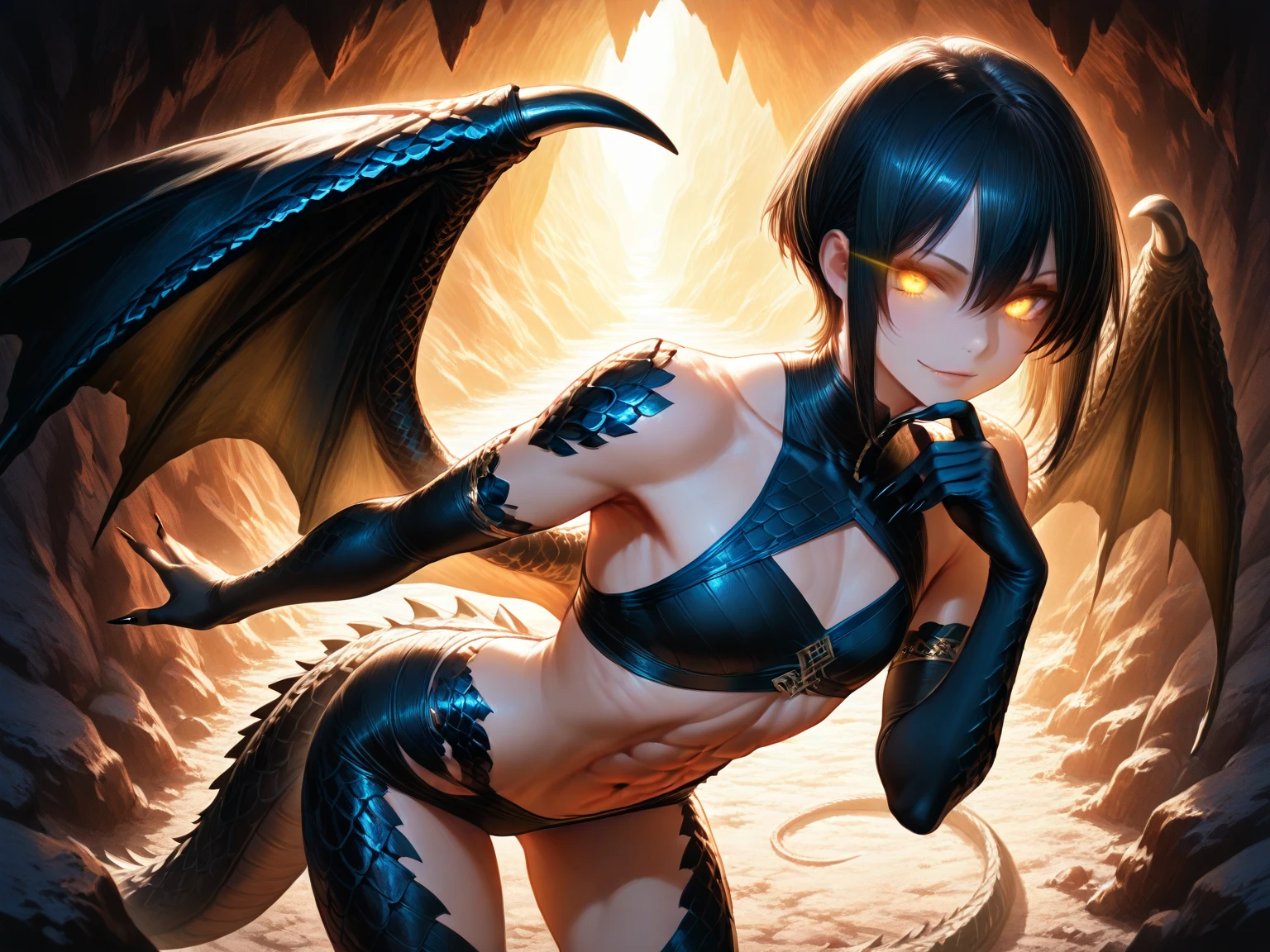 (best quality, masterpiece, extremely detailed, high resolution, 4k, CG, UHD), solo gorgeous lady, (orange Scales, obsidian body), blue halo, wings, fallen angel, (loose waves orange hair with blue highlights), glowing dragon eyes, (beautiful face, huge breasts, perfect fit body, narrow waist, round frim ass), detailed face, detailed eyes, detailed skin, scaled body, naked,