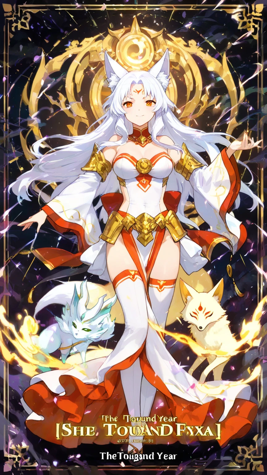 Shirakami Fubuki/(Holographic live broadcast/), detailed eyes, detailed face, detailed skin, mature body, tall figure, Alluring figure, whole body, desert rest and pyramid bottoms, Holding only the holy scepter, Phoenix and dragon in the sky, Highly saturated sun rays, Sacred rituals, angel halo, Dazzling golden and orange sparks sparkle all around, Holy magic circle, golden crown,  golden majestic lightning, best quality, masterpiece, Art Station Trend, rest, detailed, actual, highly detailed digital art 8k, octane rendering, bioluminescence, concept art resolution rest 8K, realism, map, masterpiece, best quality, official art, illustration, clear lines, (cool_color), perfect composition, absurdist, fantasy, focus, whole body处于攻击姿势, cloudy night sky,  full moon, 8k,