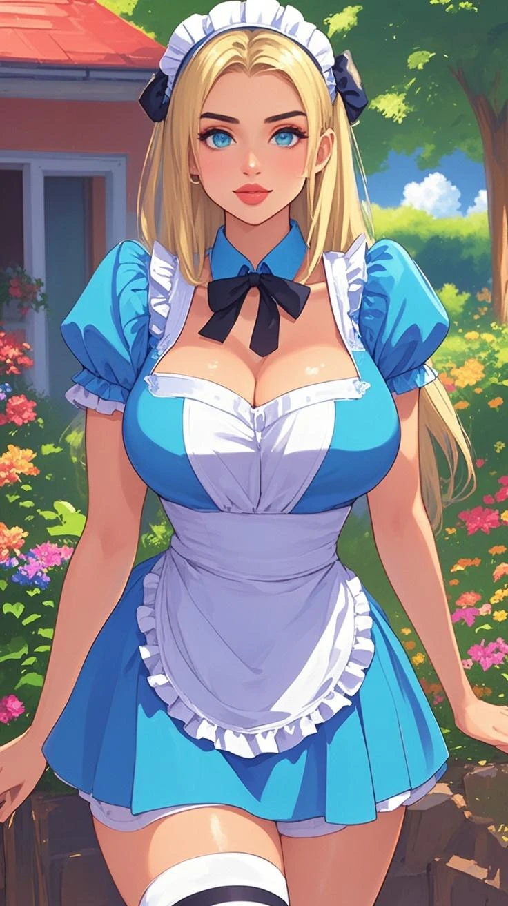 1girl, masterpiece, best_quality:0.5, highres, 4K image, (incredible_details:0.7), absurdes, sharpen image, perfect focus on character, depth of field:1.0, ((fullbody_angle_shot:0.6)), precious 20 years-old girl, AliceWaifu, large blue eyes, ((surprised expression face)), thick lips, blonde, black hairband, blue dress, tight minidress, ((unbutton)), (white pantyhose crotch), perfect body, ((colossal cleavage)), busty, perfect legs, thick thighs, high heels, enchanted forest scenery, flowers, butterflies, sunrays in scene, ((blur background:1.4)), lifting minidress