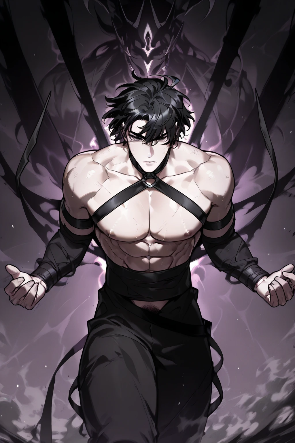 1 man, ripped clothes, break clothes, black hair, purple eyes, close eyes, open mouth, head on top, overpower, electrict effect, body goals, detailed eyes, eyes extremely detailed, half-body:0.6, abs look, hand pose punch, 