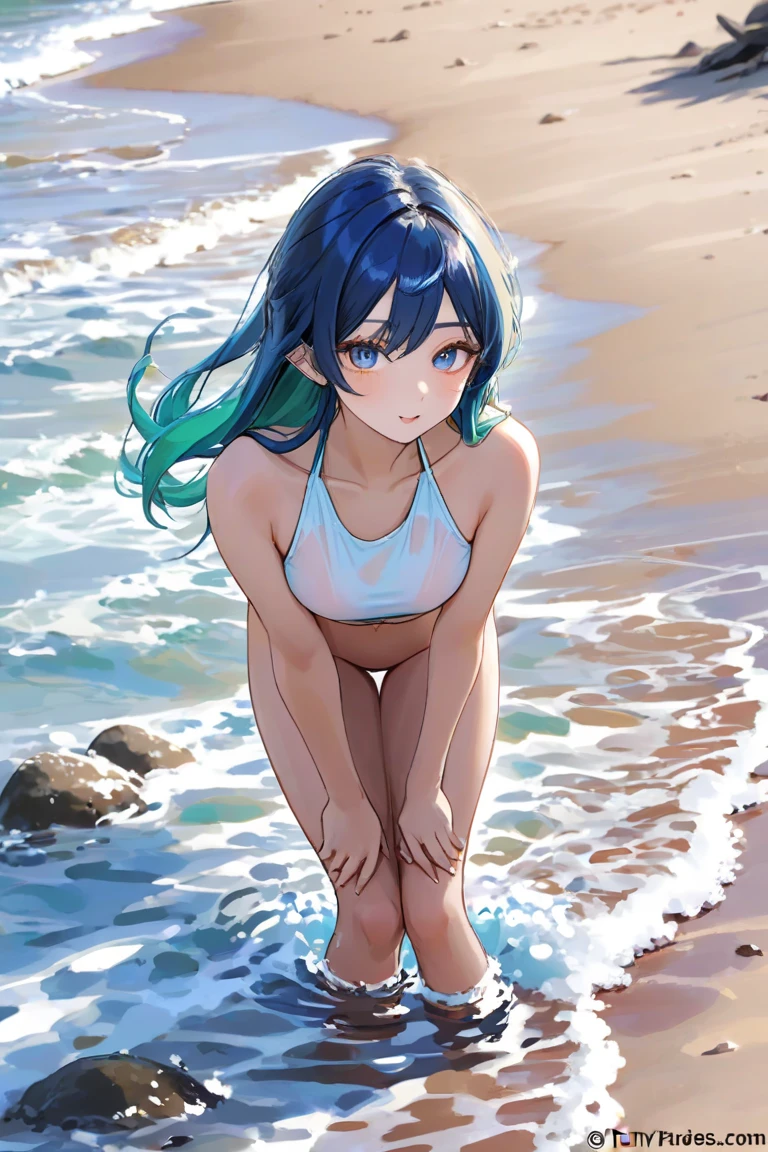 ランダムなポーズ、Random patterned swimsuit、Swimsuit,,Blushing、Pale brown eyes、Dark purple hair、Semi-long hair、Head to toe full body、Blushing、Embarrassed look、Composition from the front、A view from slightly below、school swimwear、Acme Face、Random pose、, 、nsfw、Highest quality、1 girl、solo、Ocean、Sandy Beach、Sexy pose、Random pose、Blushing、wet、Embarrassed、I can see half of my 、、One piece swimsuit、(Strap slip:1.3)、Swimsuit