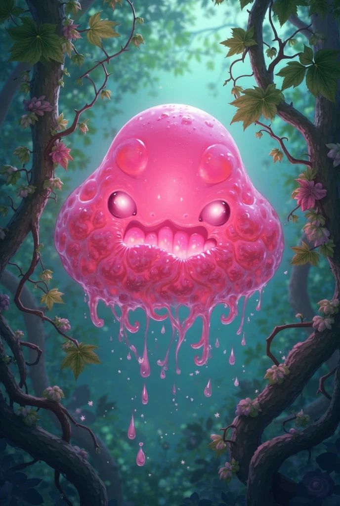 digital art of gradient-colored see-through slime creature , the slime has big anime like eyes without mouth, isekai world, depth of field, nature, sparkling eyes, sparkling aura, pink colors blending seamlessly, high-definition textures, intricate details, perfect lighting, 8k resolution, floating in mid-air, glossy surface, highly detailed, vivid reflections, dynamic composition