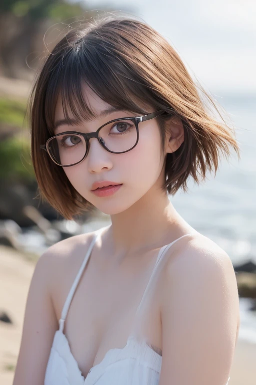 Small breasts、Open chest、sexy、Inconspicuous、quiet、beautiful girl、Japanese、Short Bob、suit、Round face、Round glasses with silver rim、job hunting、Ultra-Realistic Capture, Very detailed, High resolution 16K human skin close-up. Skin texture must be natural, So detailed that even pores can be distinguished. Skin looks healthier, In a unified tone. Use natural light and color,(RAW Photos, highest quality), highest quality, Very detailed, masterpiece, Super detailed